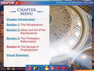 Chapter Introduction
Section 1: The Renaissance
Section 2: Ideas and Art of the
           Renaissance
Section 3: The Protestant
           Reformation
Section 4: The Spread of
           Protestantism
Visual Summary
 