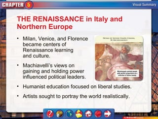 THE RENAISSANCE in Italy and
Northern Europe
• Milan, Venice, and Florence
  became centers of
  Renaissance learning
  and culture.
• Machiavelli’s views on
  gaining and holding power
  influenced political leaders.
• Humanist education focused on liberal studies.
• Artists sought to portray the world realistically.
 