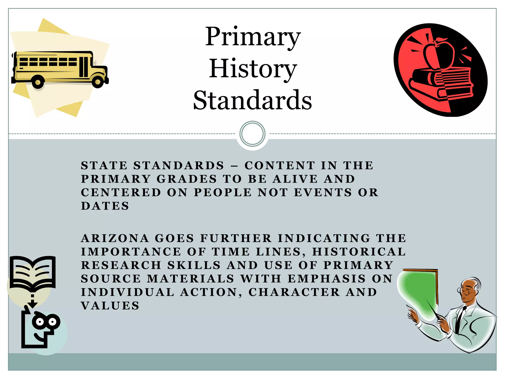 Primary
             History
            Standards

STATE STANDARDS – CONTENT IN THE
PRIMARY GRADES TO BE ALIVE AND
CENTERED ON PEOPLE NOT EVENTS OR
DATES

ARIZONA GOES FURTHER INDICATING THE
IMPORTANCE OF TIME LINES, HISTORICAL
RESEARCH SKILLS AND USE OF PRIMARY
SOURCE MATERIALS WITH EMPHASIS ON
INDIVIDUAL ACTION, CHARACTER AND
VALUES
 
