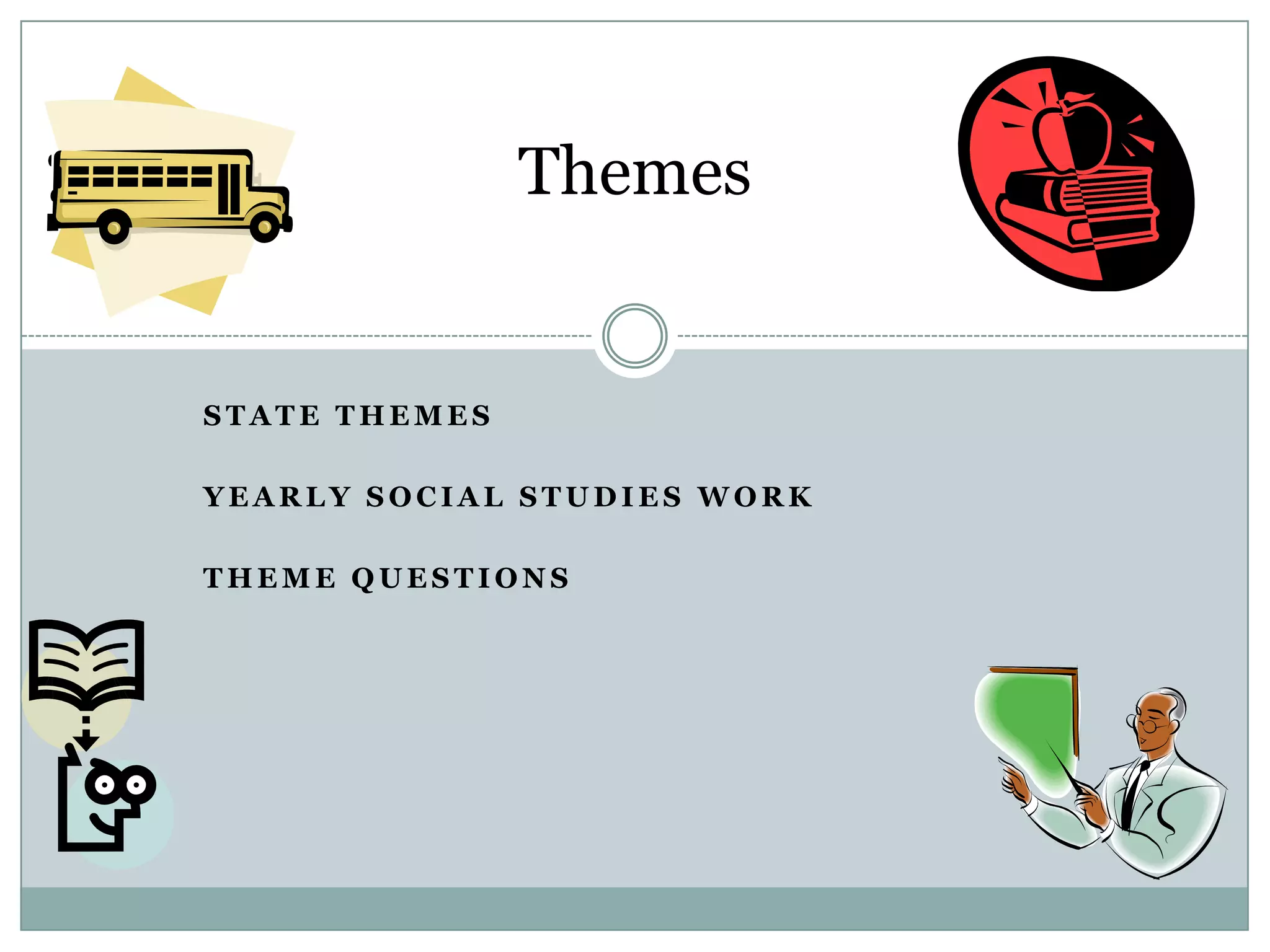 Themes


STATE THEMES

YEARLY SOCIAL STUDIES WORK

THEME QUESTIONS
 