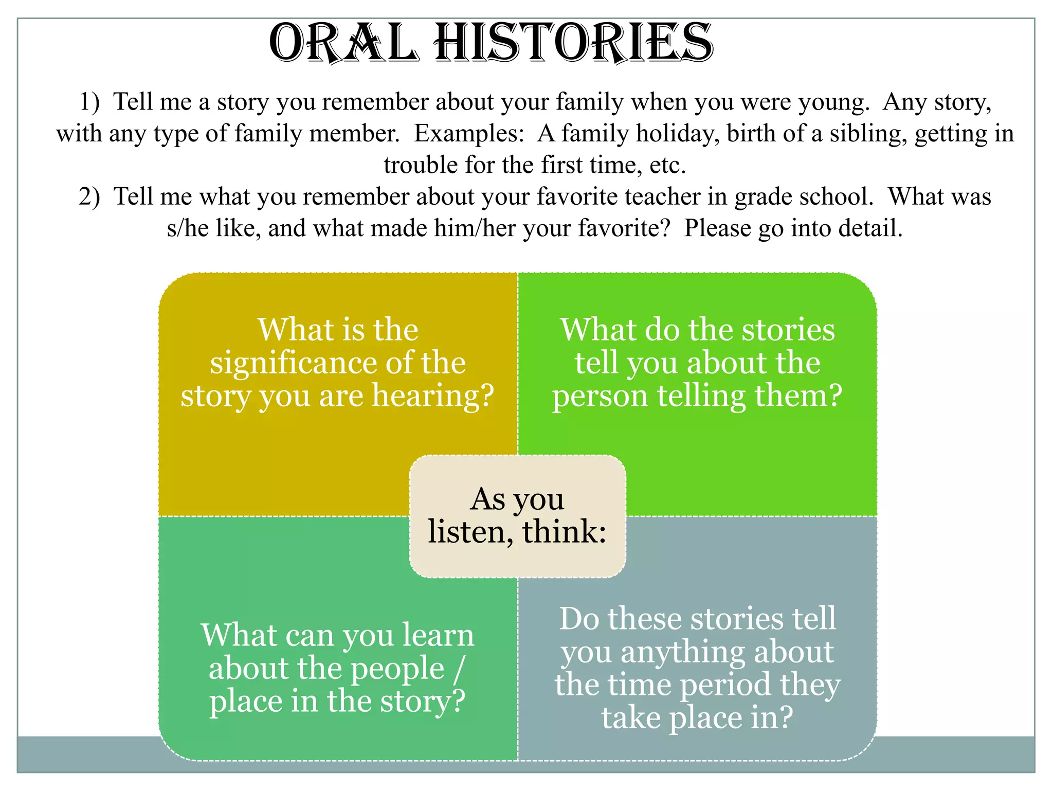 ORAL HISTORIES
 1) Tell me a story you remember about your family when you were young. Any story,
with any type of family member. Examples: A family holiday, birth of a sibling, getting in
                               trouble for the first time, etc.
  2) Tell me what you remember about your favorite teacher in grade school. What was
          s/he like, and what made him/her your favorite? Please go into detail.


                 What is the                  What do the stories
             significance of the               tell you about the
           story you are hearing?             person telling them?


                                      As you
                                  listen, think:

                                              Do these stories tell
             What can you learn
                                               you anything about
             about the people /
                                              the time period they
             place in the story?
                                                 take place in?
 