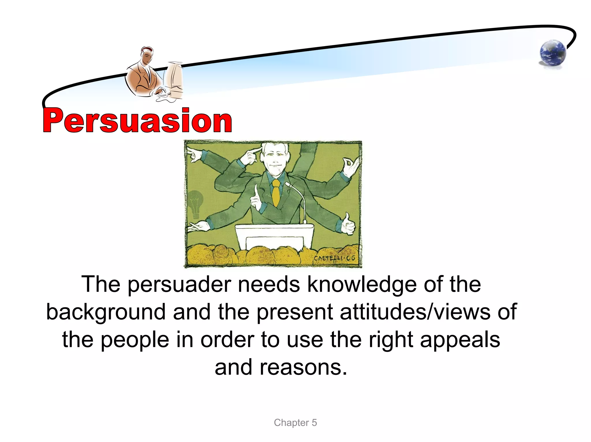 The persuader needs knowledge of the
background and the present attitudes/views of
 the people in order to use the right appeals
                and reasons.

                     Chapter 5
 