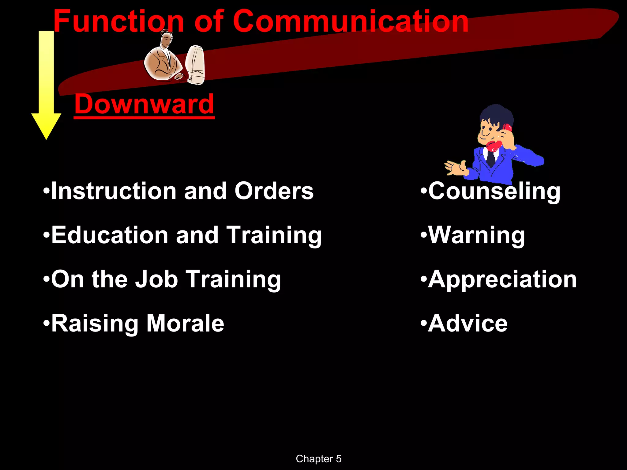 Function of Communication

  Downward


•Instruction and Orders            •Counseling
•Education and Training            •Warning
•On the Job Training               •Appreciation
•Raising Morale                    •Advice




                       Chapter 5
 