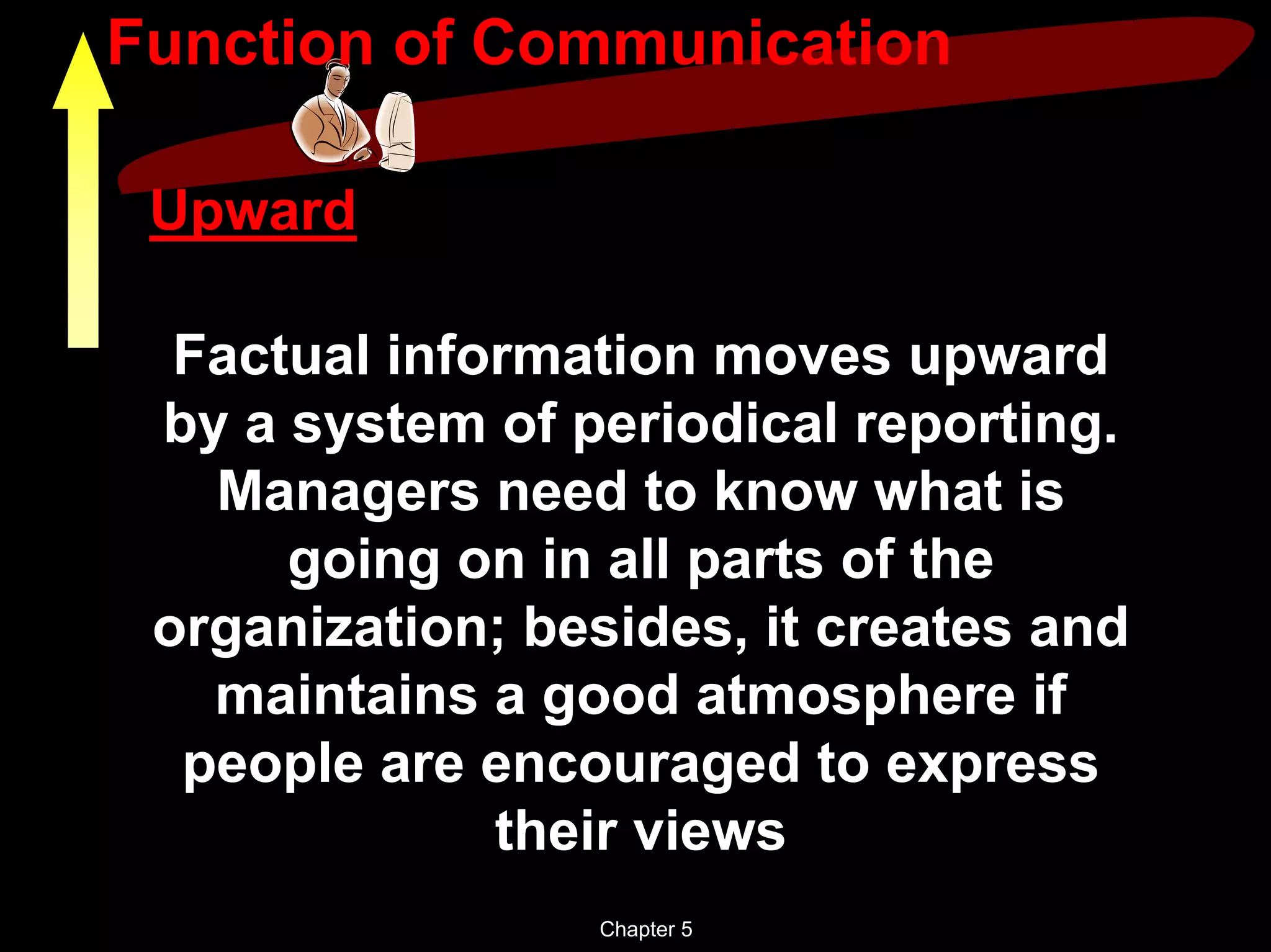 Function of Communication

 Upward

  Factual information moves upward
 by a system of periodical reporting.
   Managers need to know what is
      going on in all parts of the
 organization; besides, it creates and
   maintains a good atmosphere if
  people are encouraged to express
              their views
                 Chapter 5
 