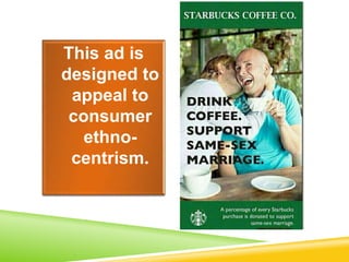 This ad is
designed to
appeal to
consumer
ethno-
centrism.
 