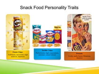 Potato Chips:
Ambitious, successful, high
achiever, impatient
Tortilla Chips:
Perfectionist, high expectations,
punctual, conservational
Pretzels:
Lively, easily bored, flirtatious,
intuitive
Snack Food Personality Traits
 