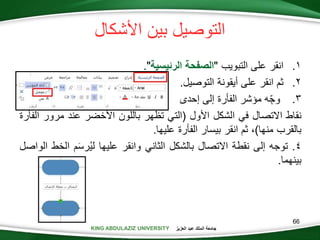 KING ABDULAZIZ UNIVERSITY ‫العزيز‬ ‫عبد‬ ‫الملك‬ ‫جامعة‬KING ABDULAZIZ UNIVERSITY
‫األشكال‬ ‫بين‬ ‫التوصيل‬
.‫انقر‬‫على‬‫التبويب‬"‫الصفحة‬‫الرئيسية‬".
.‫ثم‬‫انقر‬‫على‬‫أيقونة‬‫التوصيل‬.
.‫ه‬‫وج‬‫مؤشر‬‫الفأرة‬‫إلى‬‫إحدى‬
‫نقاط‬‫االتصال‬‫في‬‫الشكل‬‫األول‬(‫التي‬‫تظهر‬‫باللون‬‫األخضر‬‫عند‬‫مرور‬‫الفأرة‬
‫بالقرب‬‫منها‬)،‫ثم‬‫انقر‬‫بيسار‬‫الفأرة‬‫عليها‬.
4.‫توجه‬‫إلى‬‫نقطة‬‫االتصال‬‫بالشكل‬‫الثاني‬‫وانقر‬‫عليها‬‫م‬َ‫س‬‫ر‬‫لي‬‫ال‬‫خط‬‫الواصل‬
‫بينهما‬.
66
 