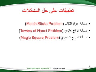 KING ABDULAZIZ UNIVERSITY ‫العزيز‬ ‫عبد‬ ‫الملك‬ ‫جامعة‬
8
‫المشكالت‬ ‫حل‬ ‫على‬ ‫تطبيقات‬
•‫مسألة‬‫أعواد‬‫الثقاب‬(Match Sticks Problem)
•‫مسألة‬‫أبراج‬‫هانوي‬(Towers of Hanoi Problem)
•‫مسألة‬‫المربع‬‫السحري‬(Magic Square Problem)
 