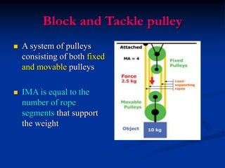 Block and Tackle pulley
 A system of pulleys
consisting of both fixed
and movable pulleys
 IMA is equal to the
number of rope
segments that support
the weight
 