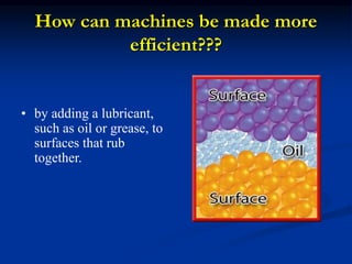 How can machines be made more
efficient???
• by adding a lubricant,
such as oil or grease, to
surfaces that rub
together.
 