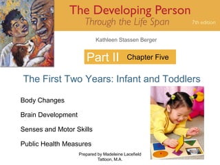 Kathleen Stassen Berger


                       Part II             Chapter Five


The First Two Years: Infant and Toddlers

Body Changes

Brain Development

Senses and Motor Skills

Public Health Measures
                    Prepared by Madeleine Lacefield       1
                             Tattoon, M.A.
 