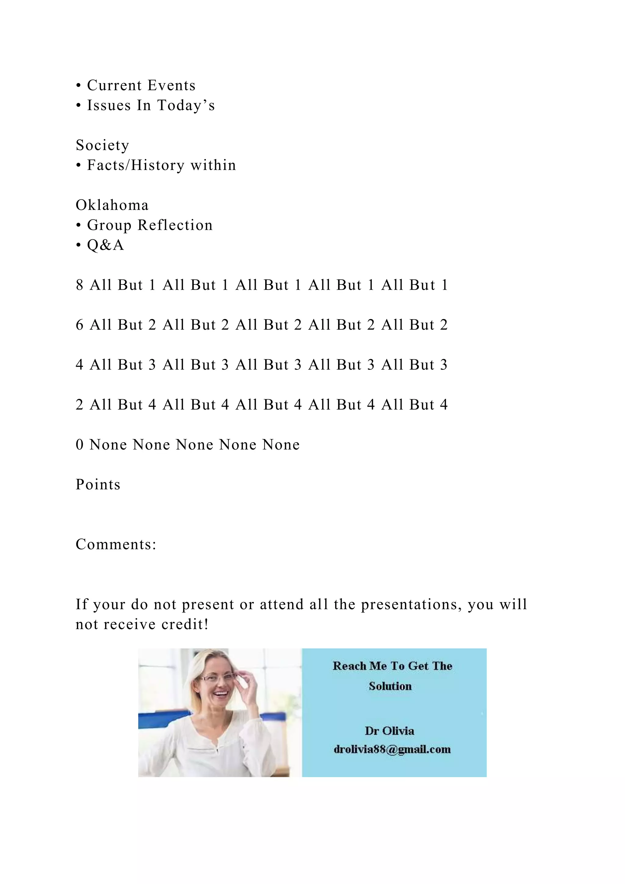 • Current Events
• Issues In Today’s
Society
• Facts/History within
Oklahoma
• Group Reflection
• Q&A
8 All But 1 All But 1 All But 1 All But 1 All But 1
6 All But 2 All But 2 All But 2 All But 2 All But 2
4 All But 3 All But 3 All But 3 All But 3 All But 3
2 All But 4 All But 4 All But 4 All But 4 All But 4
0 None None None None None
Points
Comments:
If your do not present or attend all the presentations, you will
not receive credit!
 