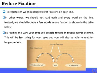  To read faster, we should have fewer fixations on each line.
In other words, we should not read each and every word on the line.
Instead, we should include a few words in one fixation as shown in the table
below
By reading this way, your eyes will be able to take in several words at once.
This will be less tiring for your eyes and you will also be able to read for
longer periods.
Reduce Fixations
 