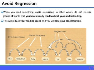 When you read something, avoid re-reading. In other words, do not re-read
groups of words that you have already read to check your understanding.
This will reduce your reading speed and you will lose your concentration.
Avoid Regression
 