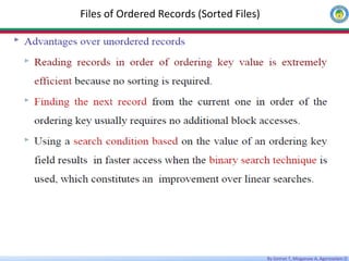 By Getnet T, Misganaw A, Agereselam D
Files of Ordered Records (Sorted Files)
 