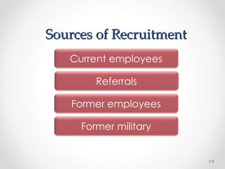 Sources of Recruitment
Sources of Recruitment
5-8
Current employees
Referrals
Former employees
Former military
 