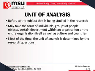 All Rights Reserved
Business Research Methods
© Oxford Fajar Sdn. Bhd. (008974-T), 2012 5– 10
UNIT OF ANALYSIS
• Refers to the subject that is being studied in the research
• May take the form of individuals, groups of people,
objects, certain department within an organisation or the
entire organisation itself as well as culture and countries
• Most of the time, the unit of analysis is determined by the
research questions
 