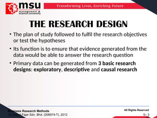 All Rights Reserved
Business Research Methods
© Oxford Fajar Sdn. Bhd. (008974-T), 2012 5– 3
THE RESEARCH DESIGN
• The plan of study followed to fulfil the research objectives
or test the hypotheses
• Its function is to ensure that evidence generated from the
data would be able to answer the research question
• Primary data can be generated from 3 basic research
designs: exploratory, descriptive and causal research
 