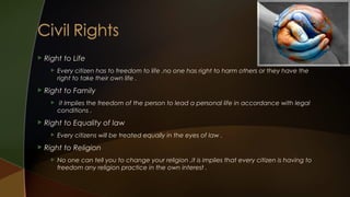 

Right to Life




Right to Family




it Implies the freedom of the person to lead a personal life in accordance with legal
conditions .

Right to Equality of law




Every citizen has to freedom to life .no one has right to harm others or they have the
right to take their own life .

Every citizens will be treated equally in the eyes of law .

Right to Religion


No one can tell you to change your religion ,it is implies that every citizen is having to
freedom any religion practice in the own interest .

 
