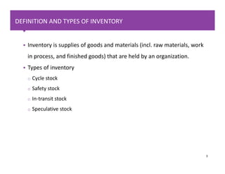 Vrije Universiteit Amsterdam
DEFINITION AND TYPES OF INVENTORY
DEFINITION AND TYPES OF INVENTORY
3
 Inventory is supplies...