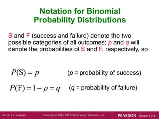 Section 5.3-5
Copyright © 2014, 2012, 2010 Pearson Education, Inc.
Notation for Binomial
Probability Distributions
S and F (success and failure) denote the two
possible categories of all outcomes; p and q will
denote the probabilities of S and F, respectively, so
(S)
P p
 (p = probability of success)
(q = probability of failure)
(F) 1
P p q
  
 