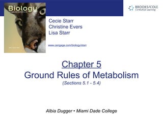 Albia Dugger • Miami Dade College
Cecie Starr
Christine Evers
Lisa Starr
www.cengage.com/biology/starr
Chapter 5
Ground Rules of Metabolism
(Sections 5.1 - 5.4)
 