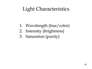 28
Light Characteristics
1. Wavelength (hue/color)
2. Intensity (brightness)
3. Saturation (purity)
 
