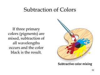 52
Subtraction of Colors
If three primary
colors (pigments) are
mixed, subtraction of
all wavelengths
occurs and the color...