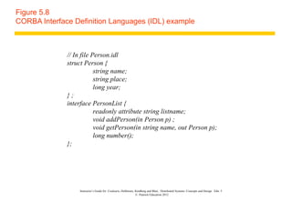 Figure 5.8
CORBA Interface Definition Languages (IDL) example



              // In file Person.idl
              struct Person {
                          string name;
                          string place;
                          long year;
              };
              interface PersonList {
                          readonly attribute string listname;
                          void addPerson(in Person p) ;
                          void getPerson(in string name, out Person p);
                          long number();
              };




                  Instructor’s Guide for Coulouris, Dollimore, Kindberg and Blair, Distributed Systems: Concepts and Design Edn. 5
                                                               © Pearson Education 2012
 
