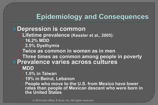 Depression is common
• Lifetime prevalence (Kessler et al., 2005):
 16.2% MDD
 2.5% Dysthymia
• Twice as common in women as in men
• Three times as common among people in poverty
Prevalence varies across cultures
• MDD
 1.5% in Taiwan
 19% in Beirut, Lebanon
 People who move to the U.S. from Mexico have lower
rates than people of Mexican descent who were born in
the United States
© 2015 John Wiley & Sons, Inc. All rights reserved.
 