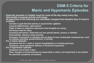  Distinctly elevated or irritable mood for most of the day nearly every day
 Abnormally increased activity and energy
 At least three of the following are noticeably changed from baseline (four if mood is
irritable):
• Increase in goal-directed activity or psychomotor agitation
• Unusual talkativeness; rapid speech
• Flight of ideas or subjective impression that thoughts are racing
• Decreased need for sleep
• Increased self-esteem; belief that one has special talents, powers, or abilities
• Distractibility; attention easily diverted
• Excessive involvement in activities that are likely to have undesirable consequences, such
as reckless spending, sexual behavior, or driving
 For a manic episode:
• Symptoms last for 1 week or require hospitalization or include psychosis
• Symptoms cause significant distress or functional impairment
 For a hypomanic episode:
• Symptoms last at least 4 days
• Clear changes in functioning that are observable to others, but impairment is not marked
• No psychotic symptoms are present
© 2015 John Wiley & Sons, Inc. All rights reserved.
 