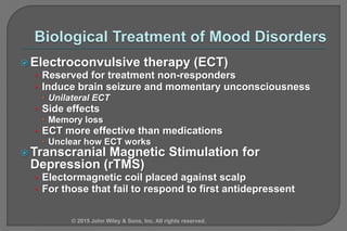  Electroconvulsive therapy (ECT)
• Reserved for treatment non-responders
• Induce brain seizure and momentary unconsciousness
 Unilateral ECT
• Side effects
 Memory loss
• ECT more effective than medications
 Unclear how ECT works
 Transcranial Magnetic Stimulation for
Depression (rTMS)
• Electormagnetic coil placed against scalp
• For those that fail to respond to first antidepressent
© 2015 John Wiley & Sons, Inc. All rights reserved.
 