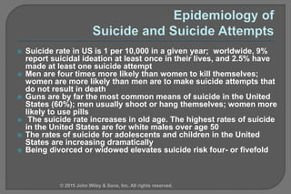  Suicide rate in US is 1 per 10,000 in a given year; worldwide, 9%
report suicidal ideation at least once in their lives, and 2.5% have
made at least one suicide attempt
 Men are four times more likely than women to kill themselves;
women are more likely than men are to make suicide attempts that
do not result in death
 Guns are by far the most common means of suicide in the United
States (60%); men usually shoot or hang themselves; women more
likely to use pills
 The suicide rate increases in old age. The highest rates of suicide
in the United States are for white males over age 50
 The rates of suicide for adolescents and children in the United
States are increasing dramatically
 Being divorced or widowed elevates suicide risk four- or fivefold
© 2015 John Wiley & Sons, Inc. All rights reserved.
 