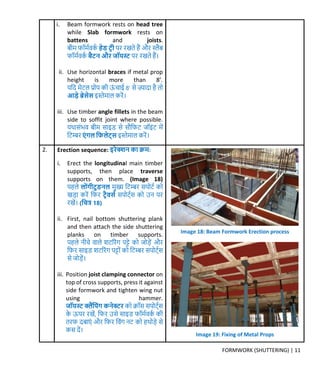 FORMWORK (SHUTTERING) | 11
i. Beam formwork rests on head tree
while Slab formwork rests on
battens and joists.
बीर् फॉर्मवर्म हेड टर ी पर रखते हैं और स्लैब
फॉर्मवर्म बैटन औ जॉयस्ट् पर रखते हैं।
ii. Use horizontal braces if metal prop
height is more than 8’.
यक्रि र्ेटल प्रोप र्ी ऊं चाई 8' से ज़्यािा है तो
आड़े ब्रेसेस इस्तेर्ाल र्रें।
iii. Use timber angle fillets in the beam
side to soffit joint where possible.
यथासंभव बीर् साइड से सौक्रफट िॉइंट र्ें
क्रटम्बर एिं गल क्रफलेट्स इस्तेर्ाल र्रें।
2. Erection sequence: इ ेक्शन र्ा िर्:
i. Erect the longitudinal main timber
supports, then place traverse
supports on them. (Image 18)
पहले लोिंगीटुडनल र्ुख्य क्रटम्बर सपोटम र्ो
खड़ा र्रें क्रफर टरैवसम सपोट्मस र्ो उन पर
रखें। (क्रित्र 18)
ii. First, nail bottom shuttering plank
and then attach the side shuttering
planks on timber supports.
पहले नीचे वाले शटररंर् पट्े र्ो िोड़ें और
क्रफर साइड शटररंर् पट्ों र्ो क्रटम्बर सपोट्मस
से िोड़ें।
iii. Position joist clamping connector on
top of cross supports, press it against
side formwork and tighten wing nut
using hammer.
जॉयस्ट् क्लैंक्रपिंग र्नेक्ट र्ो िॉस सपोट्मस
र्े ऊपर रखें, क्रफर उसे साइड फॉर्मवर्म र्ी
तरफ िबाएं और क्रफर क्रवंर् नट र्ो हथोड़े से
र्स िें।
Image 18: Beam Formwork Erection process
Image 19: Fixing of Metal Props
 