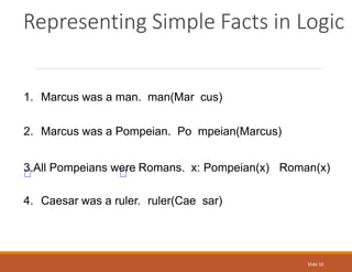 Representing Simple Facts in Logic
Slide 10
1. Marcus was a man. man(Mar cus)
2. Marcus was a Pompeian. Po mpeian(Marcus)
3.All Pompeians were Romans. x: Pompeian(x) Roman(x)
4. Caesar was a ruler. ruler(Cae sar)
 