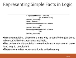 Representing Simple Facts in Logic
Slide 14
•This attempt fails , since there is no way to satisfy the goal perso
n(Marcus)with the statements available.
•The problem is although its known that Marcus was a man there
is no way to conclude it.
•Therefore another representation is added namely
 