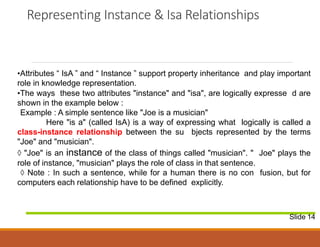 Representing Instance & Isa Relationships
Slide 14
•Attributes “ IsA ” and “ Instance ” support property inheritance and play important
role in knowledge representation.
•The ways these two attributes "instance" and "isa", are logically expresse d are
shown in the example below :
Example : A simple sentence like "Joe is a musician"
Here "is a" (called IsA) is a way of expressing what logically is called a
class-instance relationship between the su bjects represented by the terms
"Joe" and "musician".
◊ "Joe" is an instance of the class of things called "musician". " Joe" plays the
role of instance, "musician" plays the role of class in that sentence.
◊ Note : In such a sentence, while for a human there is no con fusion, but for
computers each relationship have to be defined explicitly.
 