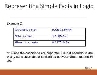 Representing Simple Facts in Logic
Example 2:
Socrates is a man SOCRATESMAN
Plato is a man PLATOMAN
All men are mortal MORTALMAN
Slide 6
=> Since the assertions are separate, it is not possible to dra
w any conclusion about similarities between Socrates and Pl
ato.
 