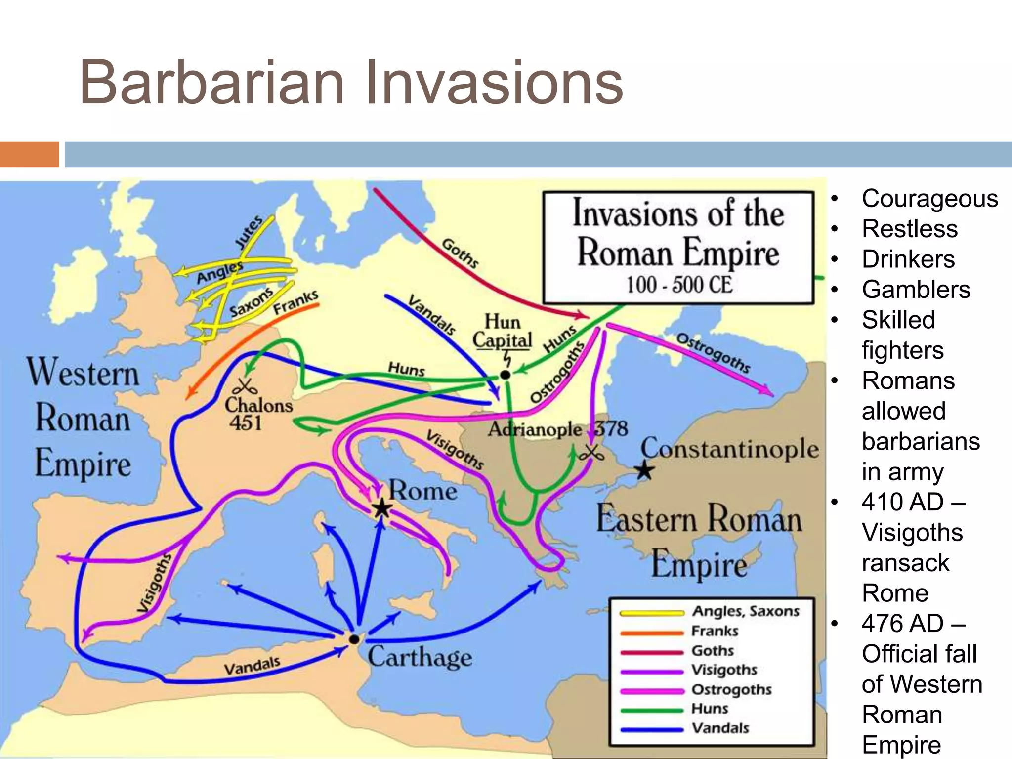 Barbarian Invasions
                      • Courageous
                      • Restless
                      • Drinkers
                      • Gamblers
                      • Skilled
                        fighters
                      • Romans
                        allowed
                        barbarians
                        in army
                      • 410 AD –
                        Visigoths
                        ransack
                        Rome
                      • 476 AD –
                        Official fall
                        of Western
                        Roman
                        Empire
 