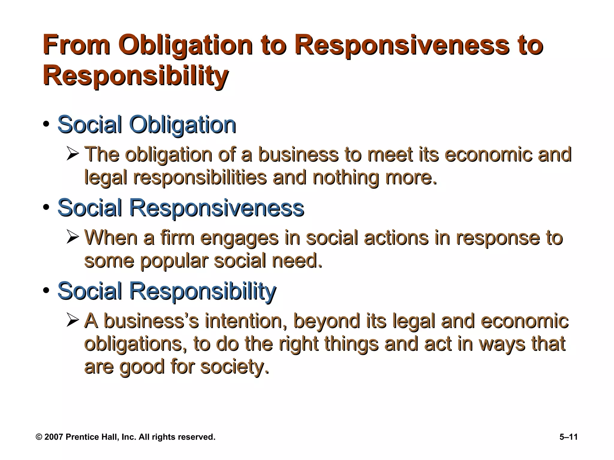 From Obligation to Responsiveness to Responsibility Social Obligation The obligation of a business to meet its economic and legal responsibilities and nothing more. Social Responsiveness When a firm engages in social actions in response to some popular social need.  Social Responsibility A business’s intention, beyond its legal and economic obligations, to do the right things and act in ways that are good for society. 