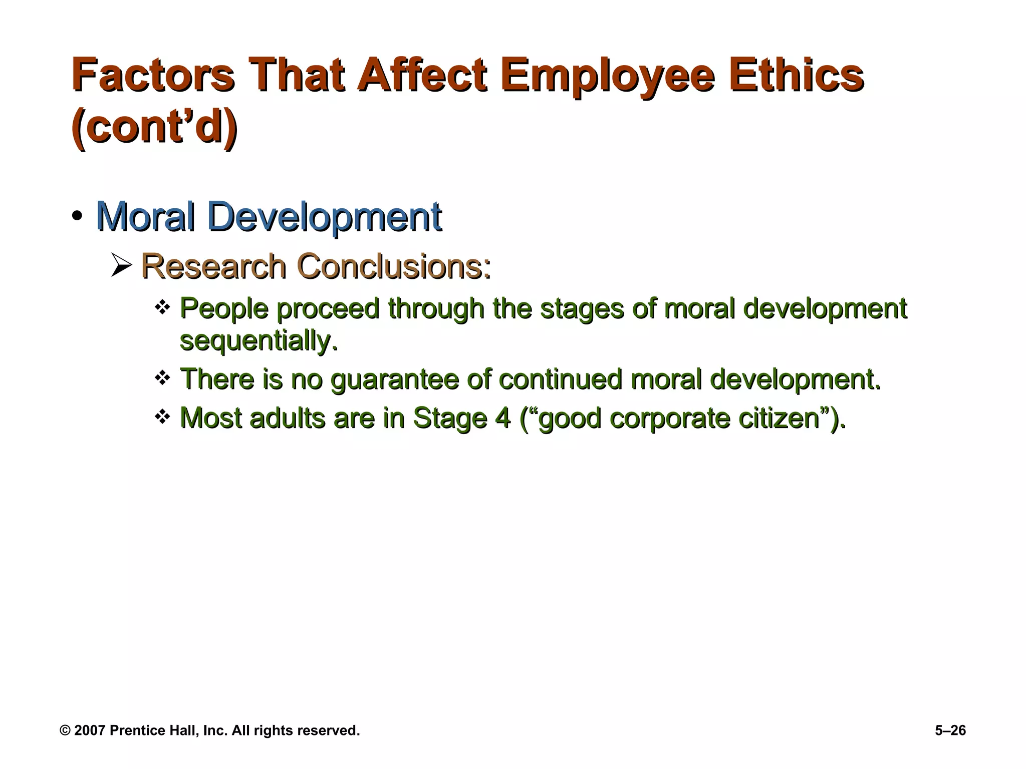 Factors That Affect Employee Ethics (cont’d) Moral Development Research Conclusions: People proceed through the stages of moral development sequentially. There is no guarantee of continued moral development. Most adults are in Stage 4 (“good corporate citizen”). 