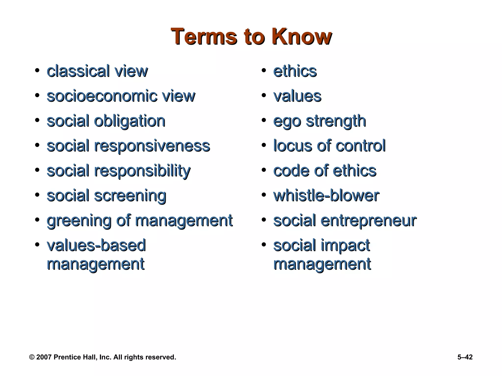 Terms to Know classical view socioeconomic view social obligation social responsiveness social responsibility social screening greening of management values-based management ethics values ego strength locus of control code of ethics whistle-blower social entrepreneur social impact management 