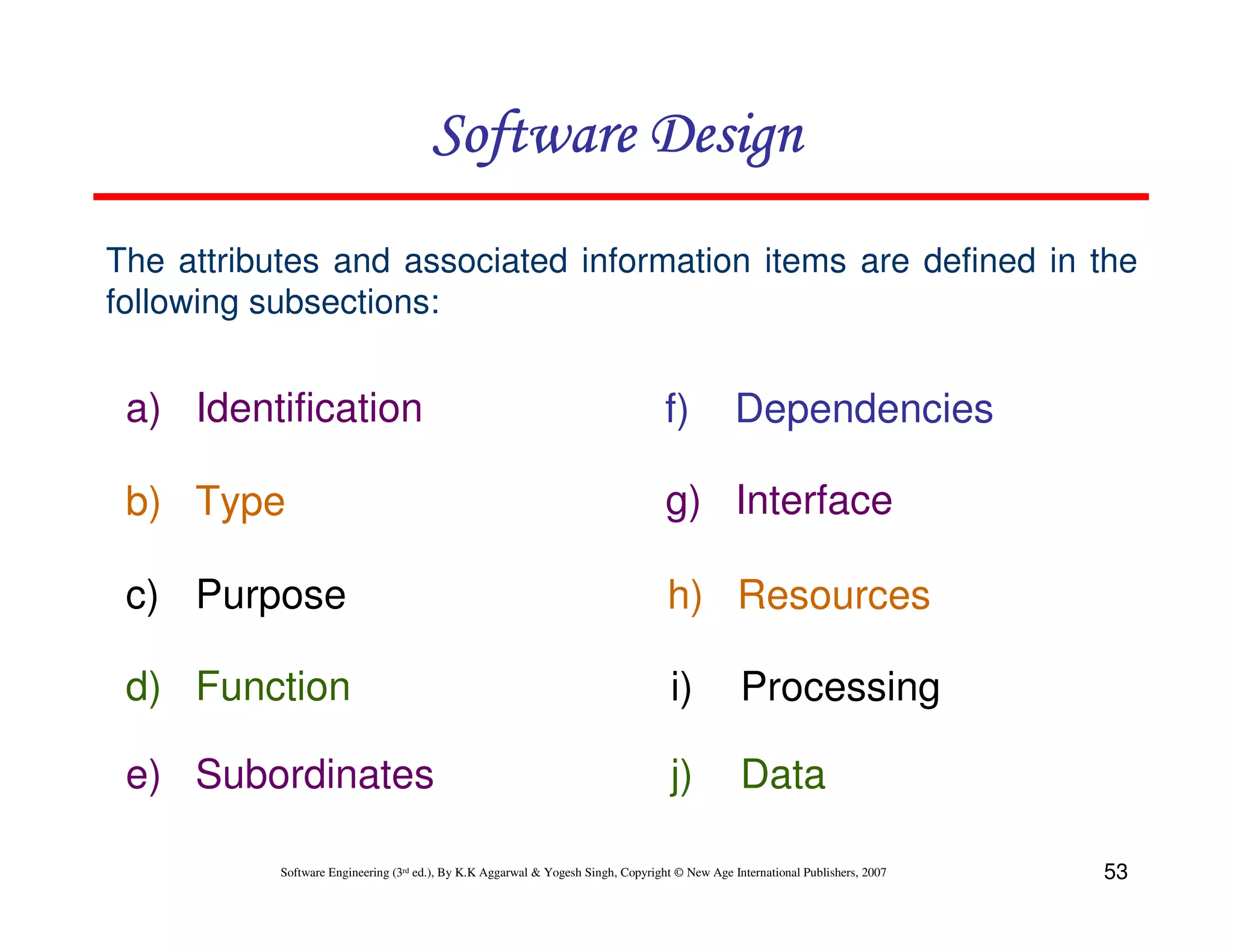 Software Design
The attributes and associated information items are defined in the
following subsections:

a) Identification

f)

b) Type

g) Interface

c) Purpose

h) Resources

d) Function

i)

Processing

e) Subordinates

j)

Data

Dependencies

Software Engineering (3rd ed.), By K.K Aggarwal & Yogesh Singh, Copyright © New Age International Publishers, 2007

53

 