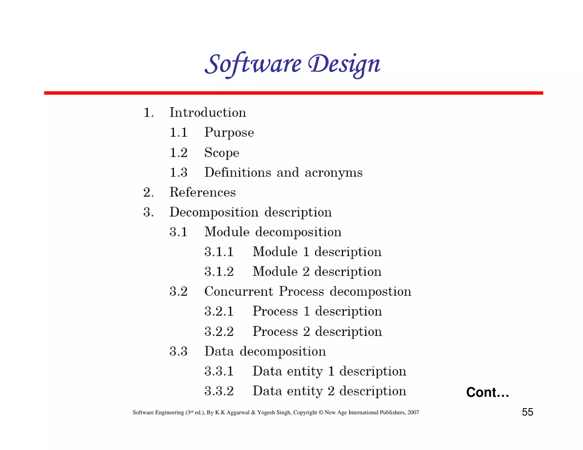 Software Design

Cont…
Software Engineering (3rd ed.), By K.K Aggarwal & Yogesh Singh, Copyright © New Age International Publishers, 2007

55

 