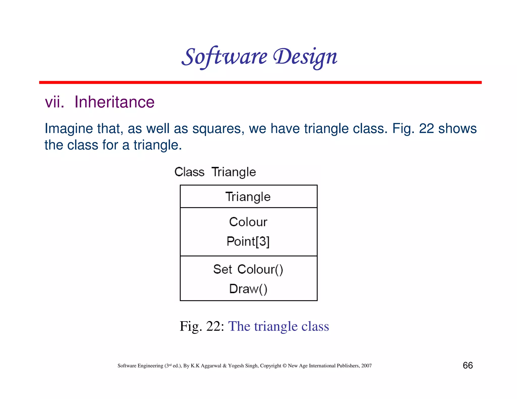 Software Design
vii. Inheritance
Imagine that, as well as squares, we have triangle class. Fig. 22 shows
the class for a triangle.

Fig. 22: The triangle class
Software Engineering (3rd ed.), By K.K Aggarwal & Yogesh Singh, Copyright © New Age International Publishers, 2007

66

 