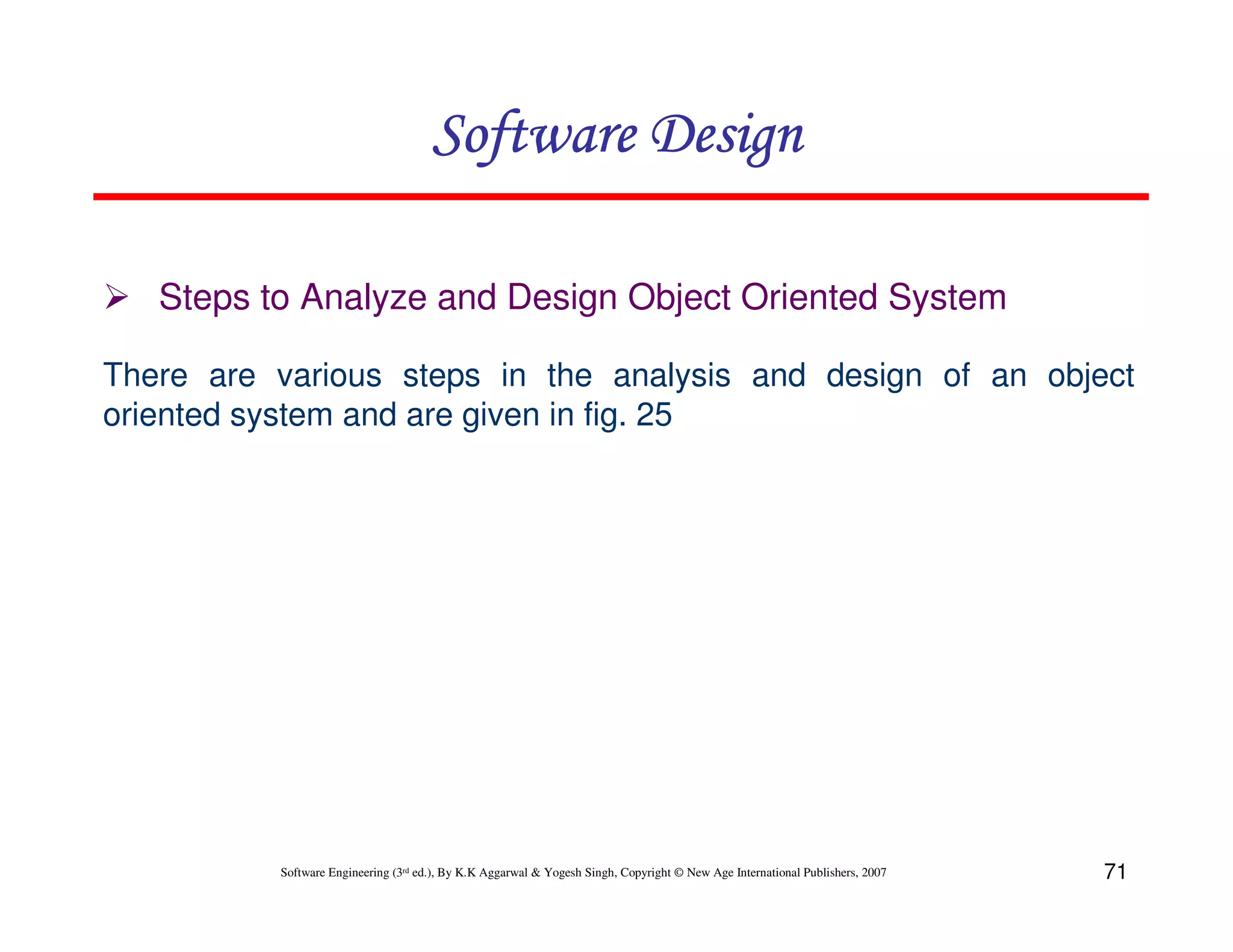 Software Design
Steps to Analyze and Design Object Oriented System
There are various steps in the analysis and design of an object
oriented system and are given in fig. 25

Software Engineering (3rd ed.), By K.K Aggarwal & Yogesh Singh, Copyright © New Age International Publishers, 2007

71

 