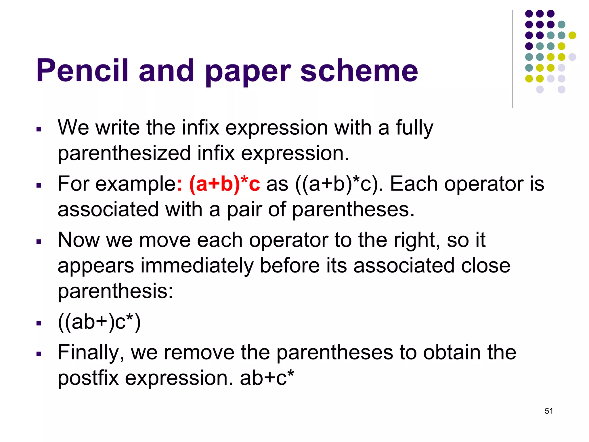 51
Pencil and paper scheme
 We write the infix expression with a fully
parenthesized infix expression.
 For example: (a+b)*c as ((a+b)*c). Each operator is
associated with a pair of parentheses.
 Now we move each operator to the right, so it
appears immediately before its associated close
parenthesis:
 ((ab+)c*)
 Finally, we remove the parentheses to obtain the
postfix expression. ab+c*
 