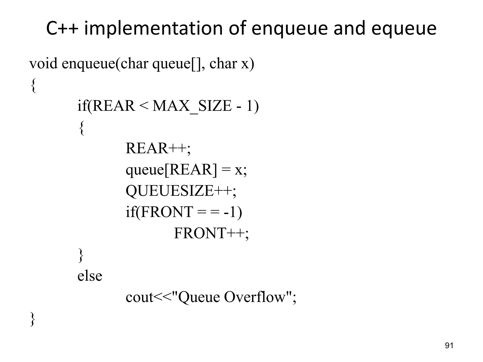 91
C++ implementation of enqueue and equeue
void enqueue(char queue[], char x)
{
if(REAR < MAX_SIZE - 1)
{
REAR++;
queue[REAR] = x;
QUEUESIZE++;
if(FRONT = = -1)
FRONT++;
}
else
cout<<"Queue Overflow";
}
 
