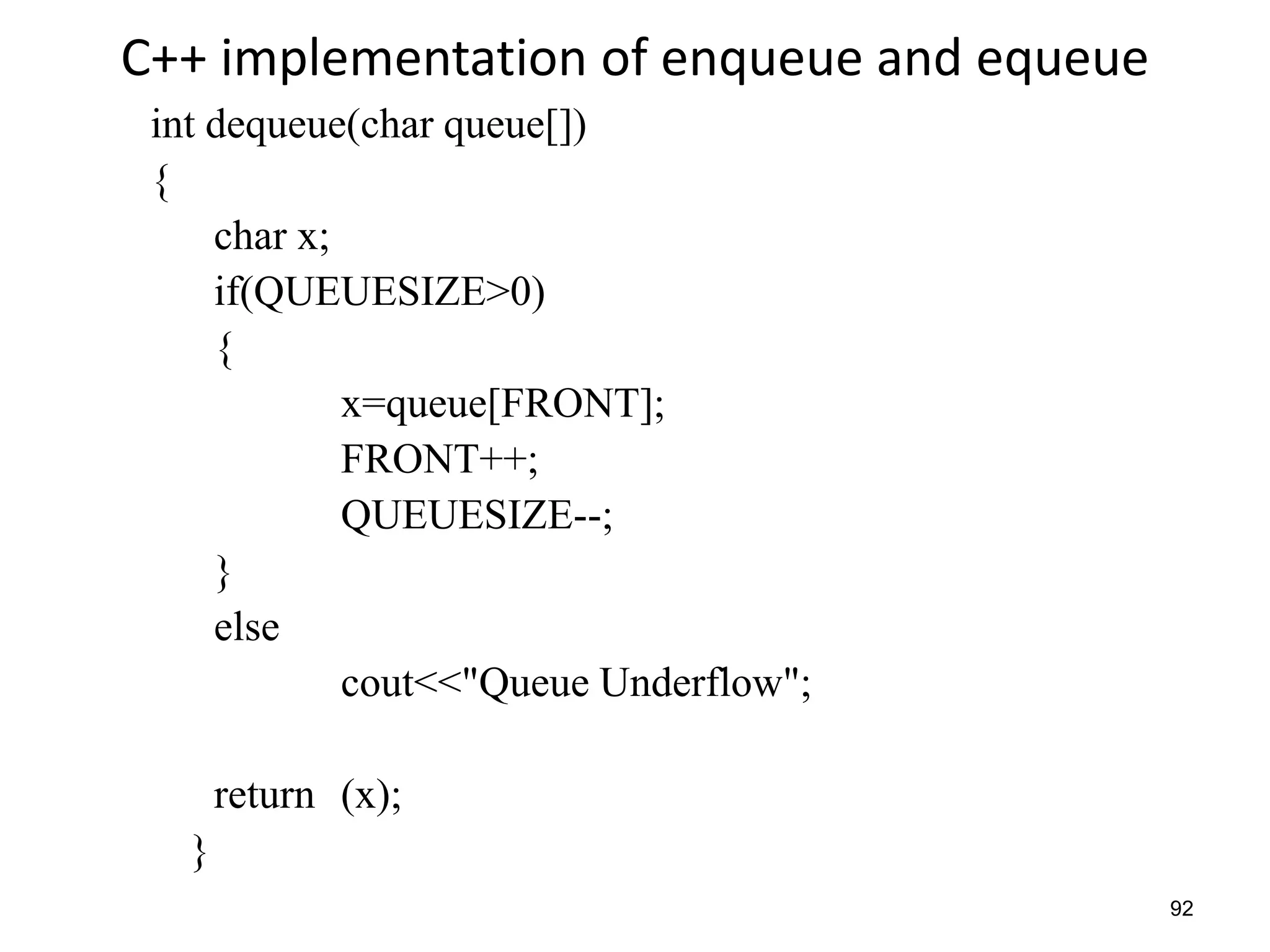 92
C++ implementation of enqueue and equeue
int dequeue(char queue[])
{
char x;
if(QUEUESIZE>0)
{
x=queue[FRONT];
FRONT++;
QUEUESIZE--;
}
else
cout<<"Queue Underflow";
return (x);
}
 