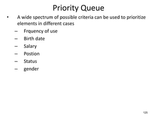 125
Priority Queue
• A wide spectrum of possible criteria can be used to prioritize
elements in different cases
– Frquency of use
– Birth date
– Salary
– Postion
– Status
– gender
 